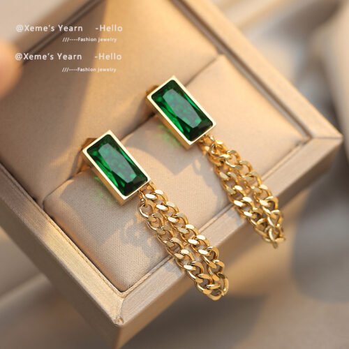 2021 New Classic Geometric Rectangle Green Crystal Stainless Steel Chain Tassel Earrings Girl's Unusual Accessories For Woman 1