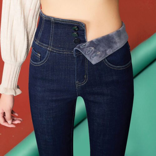 streetwear High Waist thickening skinny denim pants women plus size warm stretch Pencil jeans Mom's slim waist velvet jeans 5