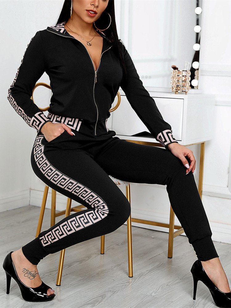 2021 Tracksuits Women Elegant Two-Pieces Suit Sets Female Stylish Plus Size Greek Fret Print Coat & Pant Zip Sets Joggers y2k 1