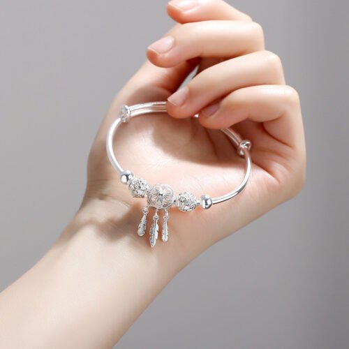 Adjustable 925 Sterling Silver Dreamcatcher Tassel Feather Round Bead Charm Bracelet &Bangle For Women Elegant Jewelry sl209 2