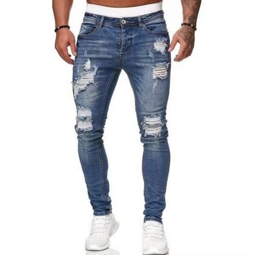 2022 Jeans Men Ripped Skinny Hole Trousers Stretch Slim Denim Pants Large Size Hip Hop Black Blue Casual Jogging Jeans for Men 4