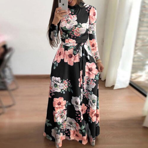 Plus Size Autumn And Winter Women's New Style 2021 Dress Print Street Long-sleeved High-neck Tie Long Casual 4