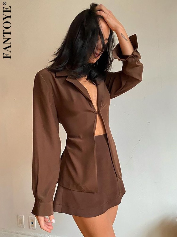 Fantoye Turn-down Collar Button Women Two Piece Set Brown Long Sleeve Top High Waist Skirt Women Autumn Sexy Slim Office Outfits 1