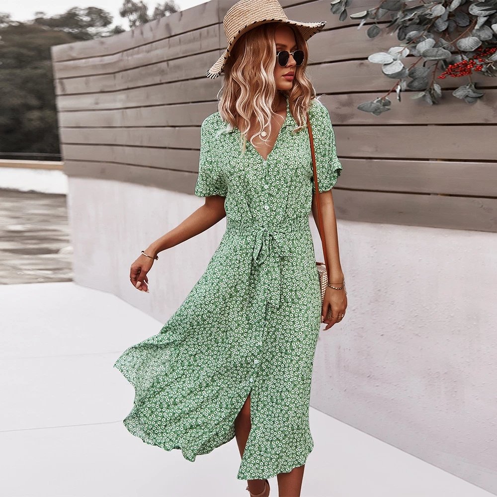 Spring Women Bandage Dress Summer 2022 New Casual Floral Print Beach Dress Vintage Button Holiday Ladies Chic Dresses Vestidos 2