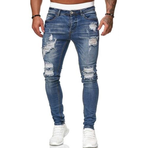 Mens Ripped Skinny Jeans Blue Slim Fit Hole Pencil Pants Casual Biker Trousers Streetwear 2021 High Quality Denim Man Clothing 3