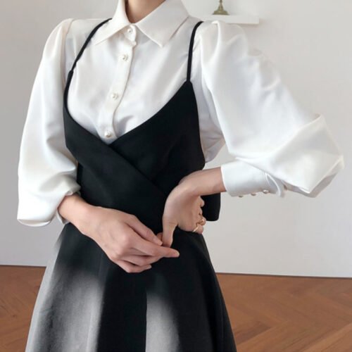 Sister Fara New Spring Dress 2022 Women Single Breasted Lantern Sleeve Shirt Set+Camisole Bow Pleated Solid Dresses 3